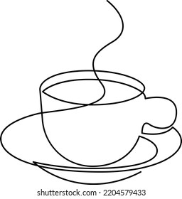 Continuous line drawing of cup of coffee with steam. Vector illustration.