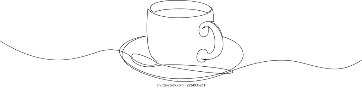 Dibujo continuo en línea de la taza de café con placa y cuchara. Ilustración vectorial.