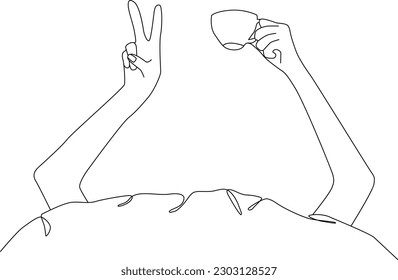 Dibujo continuo de la línea de la taza de café con la mano de la chica