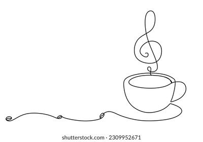 Continuous line drawing of cup of coffee with place for text. Coffee and Music concept. Creative design with coffee cup, musical note and coffee grain in one line style. Sketch of drink. Vector