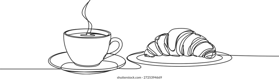 durchgehende Linie Zeichnung von Tasse Kaffee und Croissant auf Teller, Frühstückslinie Kunst Vektorgrafik