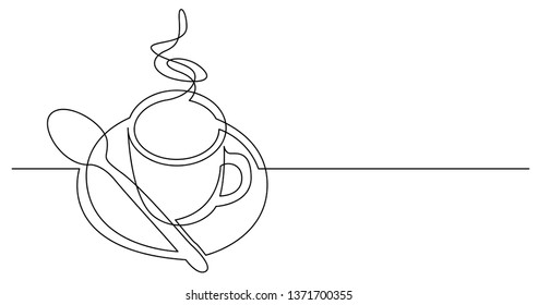 continuous line drawing of cup of hot coffee with spoon and saucer