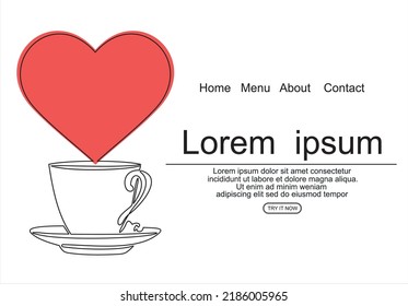 Dibujo continuo de líneas. Una taza de bebida caliente. El vapor en forma de corazón. 