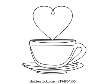 Continuous line drawing. A cup of hot drink. Heart shaped steam.