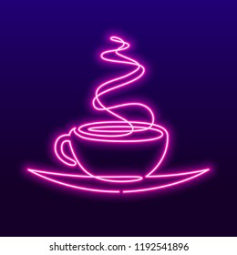 Continuous line drawing of cup of tea or coffee with steam linear icon. Vector neon sign, bright signboard, light banner hot drink illustration.
