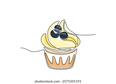 Continuous line drawing of cupcake with berries. Single one line style drawing of muffin cake with blueberry, colored shapes. Sweet pastry Hand drawn Doodle sketch editable stroke Vector Illustration