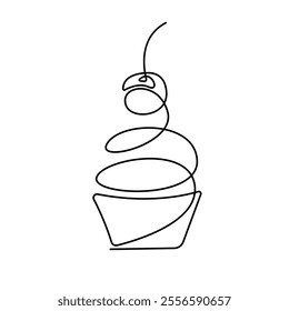 Continuous Line Drawing of Cupcake. Cake Logo. Continuous One Line Drawing of Cupcake with Cherry. Bakery Concept Vector Simple Linear Illustration. Not AI