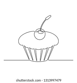 Continuous line drawing. Cupcake with cherry. Black isolated on white background. Hand drawn vector illustration. 