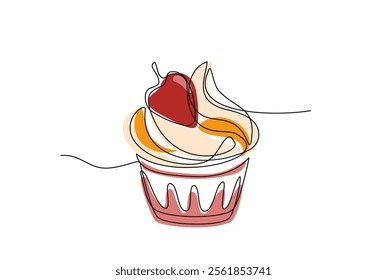 Continuous line drawing of cupcake with strawberry. Single one line style drawing of muffin cake with colored shapes. Sweet pastry. Hand drawn Doodle sketch concept editable stroke Vector Illustration