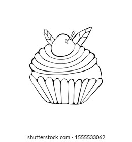 Continuous line drawing. Cupcake in vector. Symbol of celebration isolated on white background. Wedding cake in art line. Hand drawn illustration. Sweets Valentine's day, birthday. Festive food icon