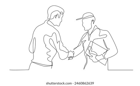 dibujo de línea continua de la satisfacción del Cliente. dibujo de una línea del Cliente que da la mano con mecánico. Ilustración vectorial de una línea sobre fondo blanco