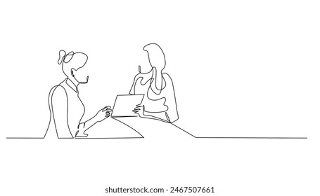 continuous line drawing of customer service giving information information to customers .one line drawing of receptionist giving information to guests in hotel lobby .single line vector illustration