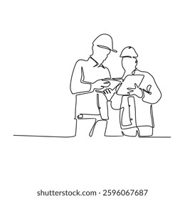 Continuous line drawing of customs staff team workers, logistics industry inspection. Supply chain management concept