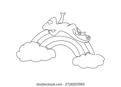 Linha contínua desenhando camaleão adorável bonito em sono supino feliz, playfully embalado pelo arco-íris minimalista. Ótimo para decoração infantil e alegre vibração de celebração
