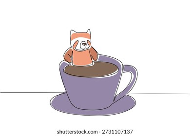 Kontinuierliche Linie Zeichnung von niedlichen Tier zeigt roten Panda Einweichen in warme Kaffeetasse für Naturkonzept. Bunte Kunst ist perfekt für einen internationalen Kaffeetag Thema mit einem süßen Wald Kreatur