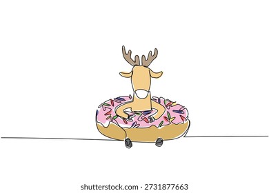Dibujo de línea continua de animales lindos muestra ciervos marrones sentados dentro de la rosquilla dulce para el concepto de pastel dulce. El arte colorido es perfecto para el tema del día internacional de la comida con el mamífero adorable del bosque del cervatillo