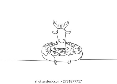 Dibujo de línea continua de lindos ciervos con astas representa a un animal del parque nacional sentado dentro de una rosquilla para el concepto de pastelería. Ilustración simple se adapta a un tema del día internacional de la comida para los amantes de los mamíferos del bosque