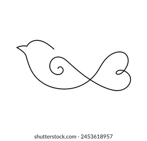 Continuous line drawing of a cute bird with his tail shaped as a heart Icon symbol Design Symbol Template Flat Style Vector