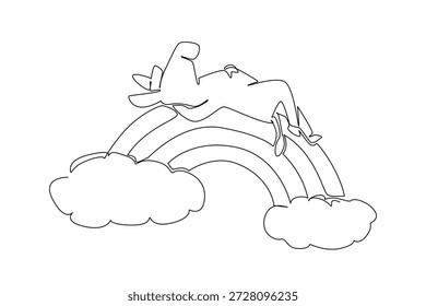 Dibujo de línea continua de burro lindo burro bebé burro durmiendo supino en un arco iris. El diseño conceptual de la Naturaleza presenta un tema de animales rurales y agrícolas para la vida rural. Arte minimalista para acariciar el volante del zoológico