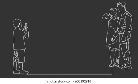 continuous line drawing of cute cartoon family