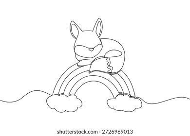 Continuous line drawing of cute charming little fox resting its head on a rainbow arc above the fluffy clouds. Unique artwork features the wildlife mammal laying down, perfect for nursery wall art
