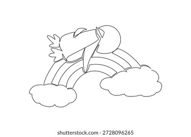 Dibujo de línea continua de un lindo pingüino encantador durmiendo supino en un arco iris. El diseño conceptual de la Naturaleza captura un tema antártico para el Día Mundial del Pingüino. Arte minimalista para la tarjeta animal del invierno