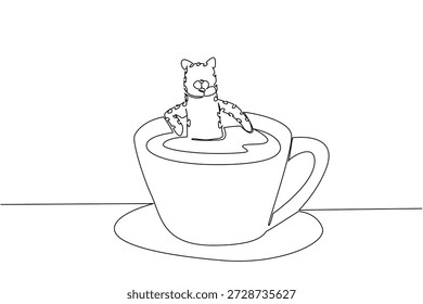 Dibujo de línea continua de guepardo lindo representa un gran animal empapado en una taza de café para el concepto de naturaleza. Ilustración simple se adapta a un tema del día internacional del café para grandes amantes de los gatos salvajes