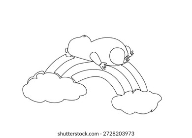 Dibujo de línea continua de un lindo hámster gordito en un sueño supino sereno, descansando sobre el arco iris con nubes esponjosas. Ideal para impresiones a escala Pequeña, arte lindo de vivero para la decoración de la habitación de los niños y temas de amantes de las mascotas