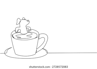 Kontinuierliche Linie Zeichnung von niedlichen lustigen Hund zeigt kleine Tier Einweichen in Kaffeetasse für Kindergarten-Konzept. Einfache Illustration passt zu einem internationalen Kaffeetag-Thema für entzückende Welpen-Liebhaber