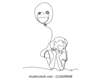 continuous line drawing of a cute girl holding a balloon with a happy smiling face, vector illustration.