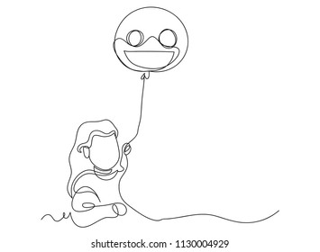 continuous line drawing of a cute girl holding a balloon with a happy smiling face, vector illustration.