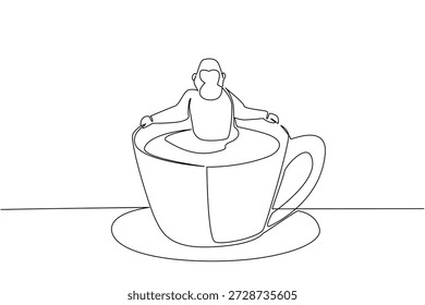 Continuous line drawing of cute gorilla depicts giant animal soaking in coffee cup for nature concept. Simple illustration fits an international coffee day theme for great ape lovers