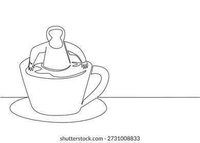 Kontinuierliche Linie Zeichnung von niedlichen Orang-Utan zeigt Primaten Tier Einweichen in warme Kaffeetasse für Naturkonzept. Einfache Illustration passt zu einem internationalen Kaffeetag-Thema für Menschenaffenliebhaber