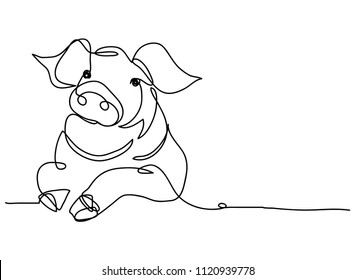 Continuous Line Drawing Of Cute Pig Vector Illustration Simple Concept Zodiac Pig.