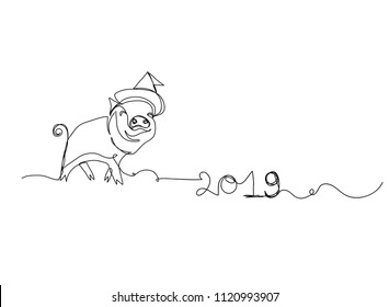 continuous line drawing of cute pig  New Year 2019 Vector Illustration hand drawn