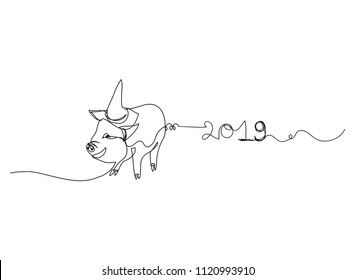 continuous line drawing of cute pig  New Year 2019 Vector Illustration hand drawn