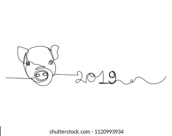 continuous line drawing of cute pig  New Year 2019 Vector Illustration hand drawn