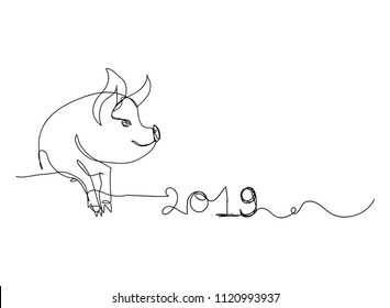 continuous line drawing of cute pig  New Year 2019 Vector Illustration hand drawn
