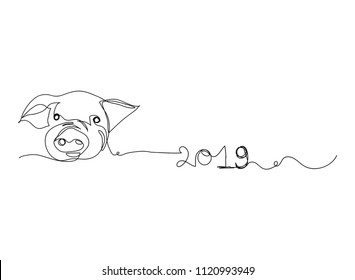 continuous line drawing of cute pig  New Year 2019 Vector Illustration hand drawn