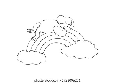 Dibujo de línea continua de chimpancé juguetón lindo durmiendo supino en un arco iris. El diseño conceptual de la Naturaleza presenta un tema de selva para el Día Mundial del Chimpancé. Arte minimalista para la señalización del zoológico de safari