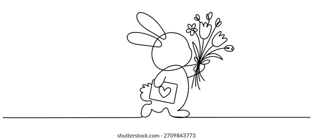 Continuous line drawing of a cute rabbit holding flowers and letter