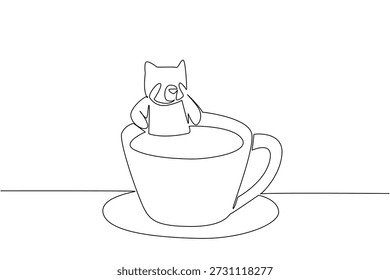 Kontinuierliche Linie Zeichnung von niedlichen roten Panda zeigt kleine Waldtier Einweichen in warme Kaffeetasse für Naturkonzept. Einfache Illustration passt zu einem internationalen Kaffeetag-Thema für Waldliebhaber