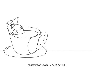 Continuous line drawing of cute spiky hedgehog depicts small animal soaking in coffee cup for nature concept. Simple illustration fits an international coffee day theme for forest animal lovers