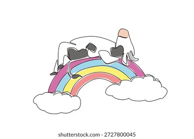 Kontinuierliche Linienzeichnung einer süßen gefleckten Kuh schlafend Rückenlehne auf einem Regenbogen. Dieses Design des Naturkonzepts zeigt das Thema "Ackerland" für den Weltmilchtag. Minimalistische Vektorkunst für Kinder Lunchbox