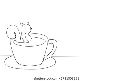 Desenho de linha contínua de esquilo bonito retrata pequeno animal embebido em uma xícara de café para o conceito de natureza. Ilustração simples se encaixa em um tema de dia internacional da vida selvagem para amantes de roedores