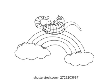 Dibujo continuo de línea de armadillo fuerte lindo animal durmiendo supino en el arco iris con nubes. Concepto de la Naturaleza, tema del Día Mundial del Mamífero, ilustración adorable del vivero para la ropa de dormir de los niños y el bolso de escuela