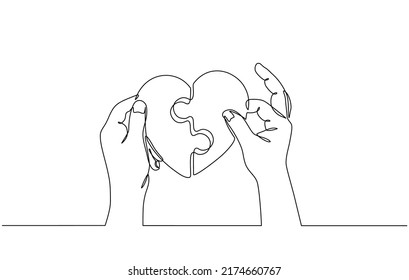 Dibujo de línea continua de puzzles con forma de amor lindo y dulce. Manos con puzzles en forma de amor. Ideal para las tarjetas de felicitación de San Valentín, saludos de amor para parejas en estilo doodle.