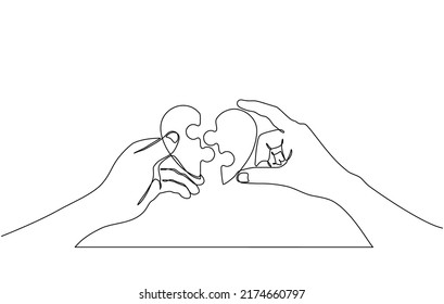 Continuous line drawing of cute and sweet love shaped puzzles. Hands carrying puzzles in the shape of love. Great for Valentine's Day greeting cards, love greetings for couples in doodle style.