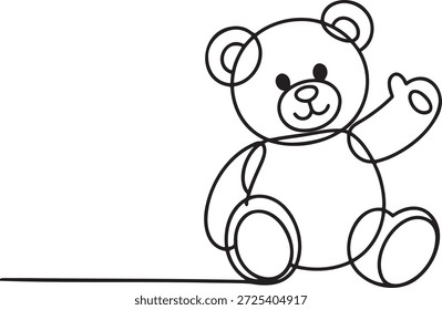Dibujo de línea continua de un lindo oso de peluche agitando. Ilustración de una sola línea de oso amistoso en estilo de contorno. Boceto de contorno minimalista. Ideal para temas infantiles, iconos y gráficos decorativos.