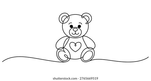 A continuous line drawing of a cute teddy bear with a heart symbol on its chest for design. Vector, illustration